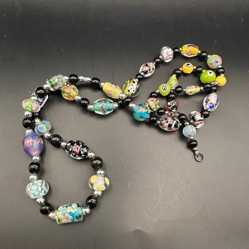 Glass Beaded Necklace 28.75" Long Floral Clear Black Silver Flower Boho Beads